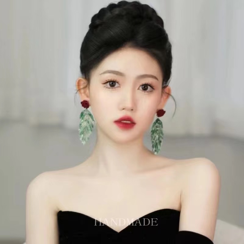 铜合金亚克力耳饰 复古红色玫瑰花绿色叶子流苏耳环港风长款耳夹