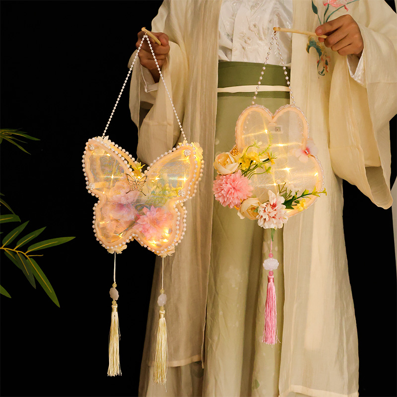 古风仙气灯笼汉服儿童花灯流苏发光中秋节国风双面绢花宫灯