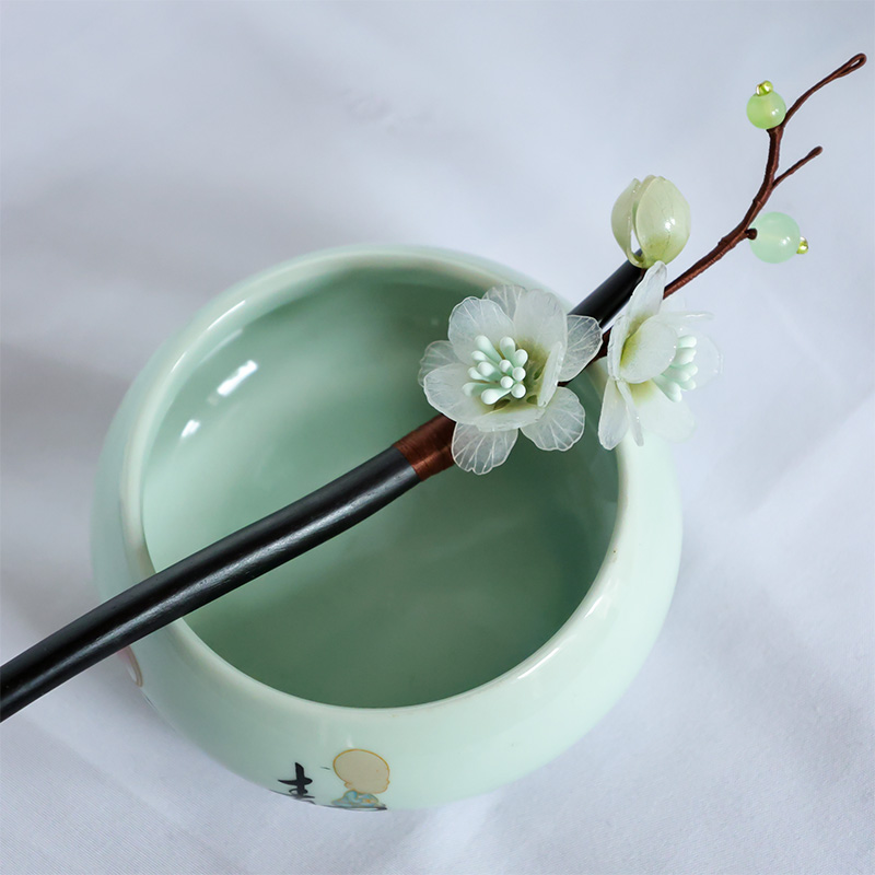 时尚古风百搭清新热缩片新中式黑檀木梨花香发簪