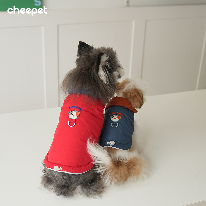 cheepet/趣派宠物衣服秋冬保暖外穿棉衣翻领可牵引两脚无袖遛狗服