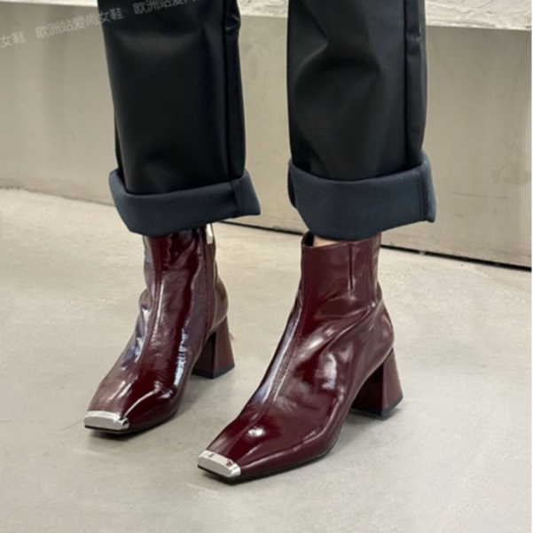 粗跟牛皮短靴008225酒红