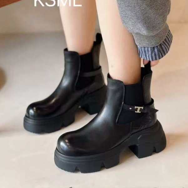 粗跟厚底小牛皮马丁靴804019黑色