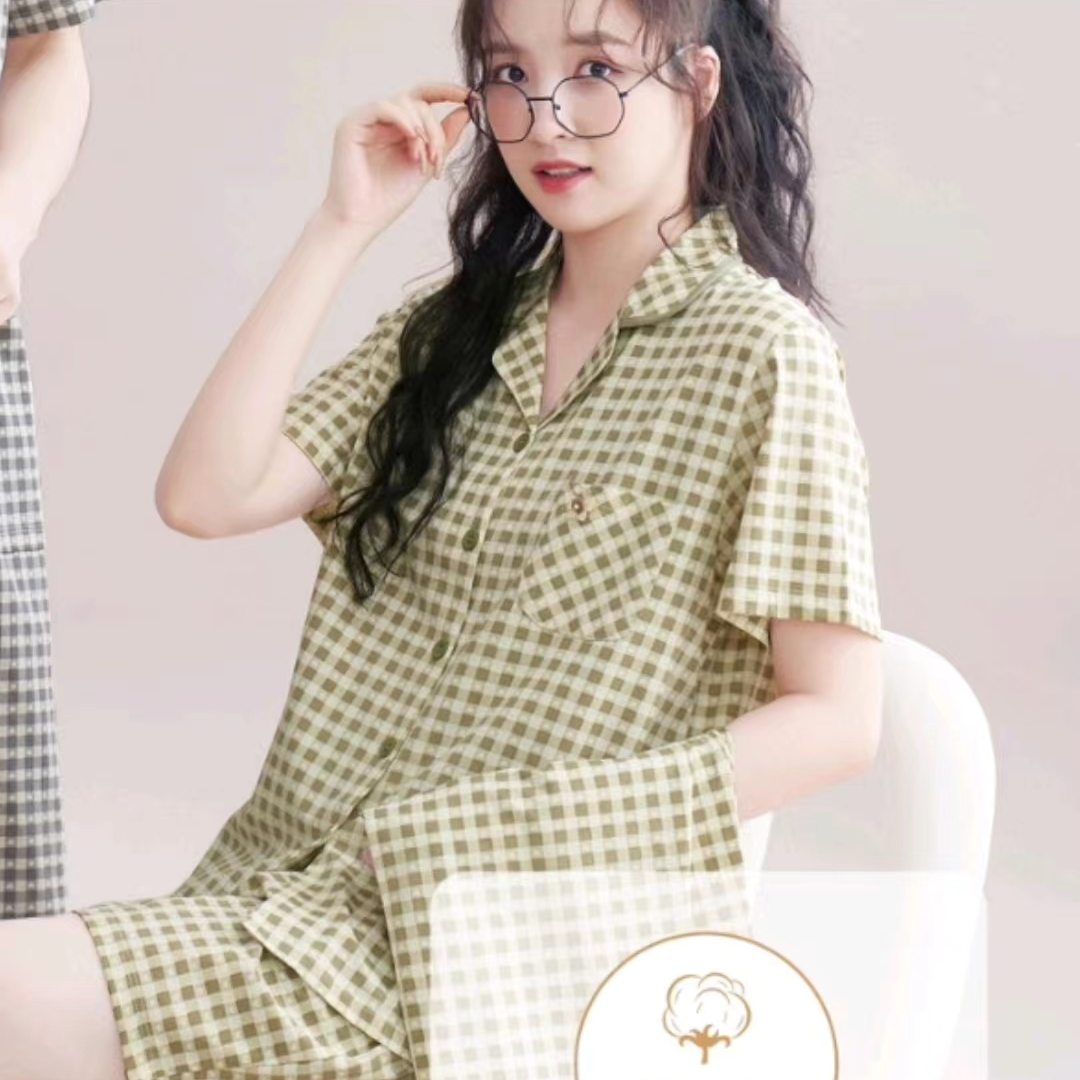 夏季纯棉薄款男女情侣套装夏天短袖长裤格子开衫家居服340062