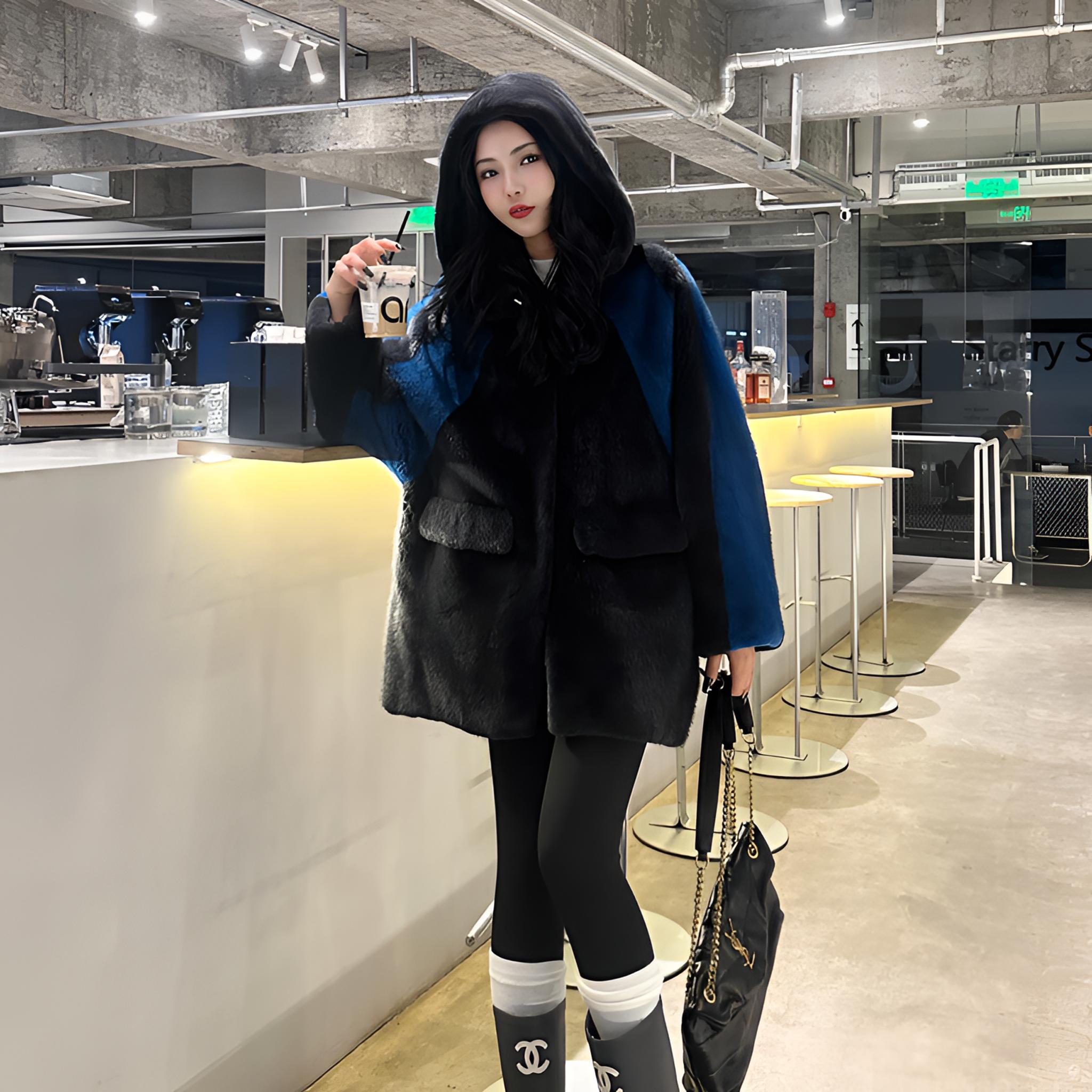 2024中长款连帽水貂外套进口水貂时尚秋冬厚外套气质宽松休闲