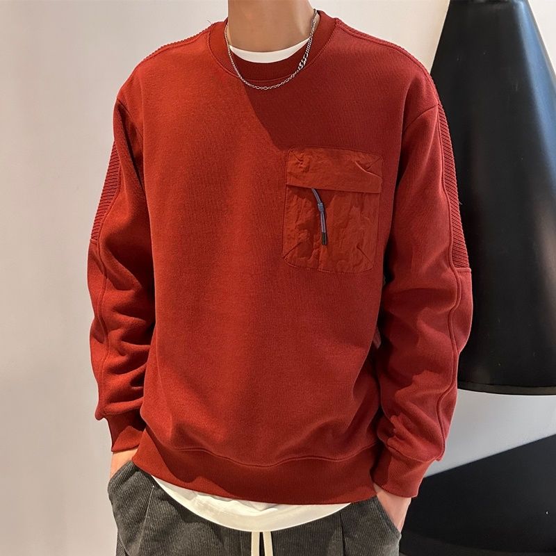 圣诞节款新年红色棉卫衣加绒加厚口袋潮男生本命年冬季圆领打底衫