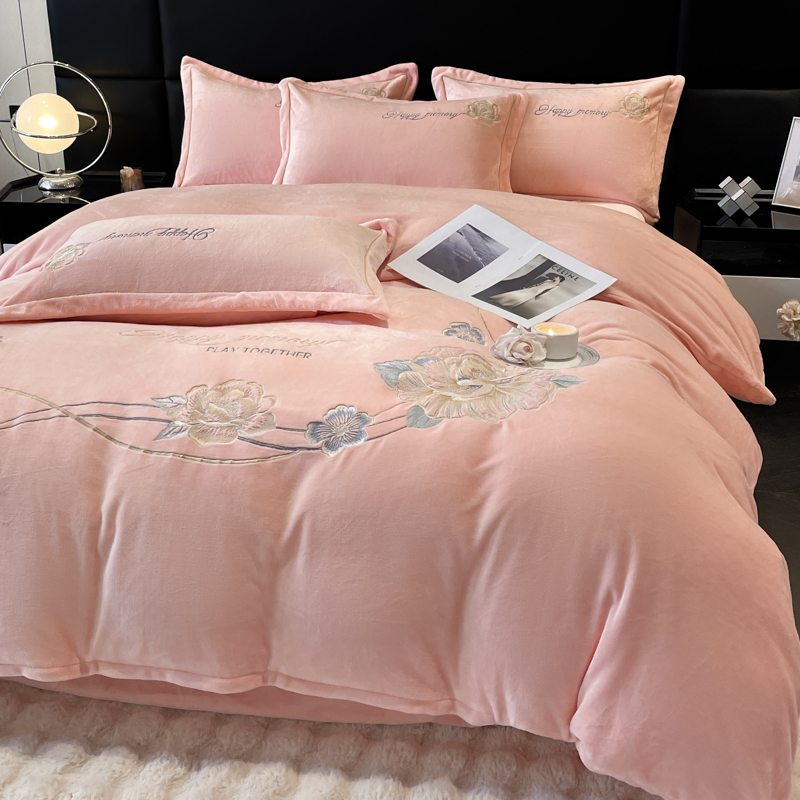 （芳华-浅粉）刺绣款加厚牛奶绒四件套保暖抗静电双面绒