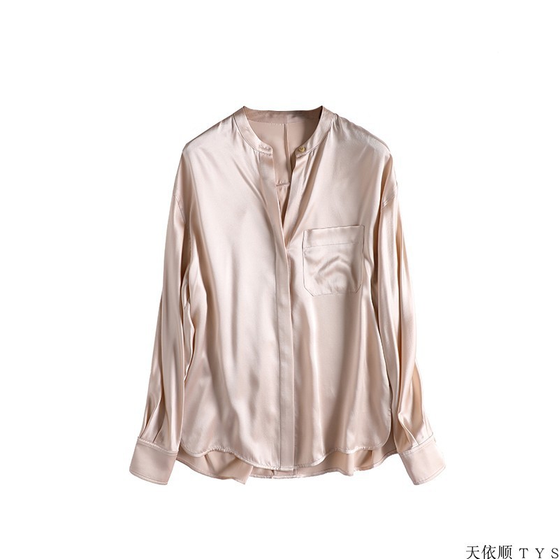 秋木简约遮肉秋季宽松设计小众真丝长袖衬衫桑蚕丝上衣女xs20482