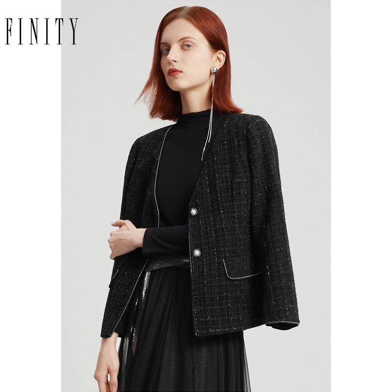 FINITY2022年秋季新款短外套女小香风黑色秋冬气质格纹F21V8B02W4