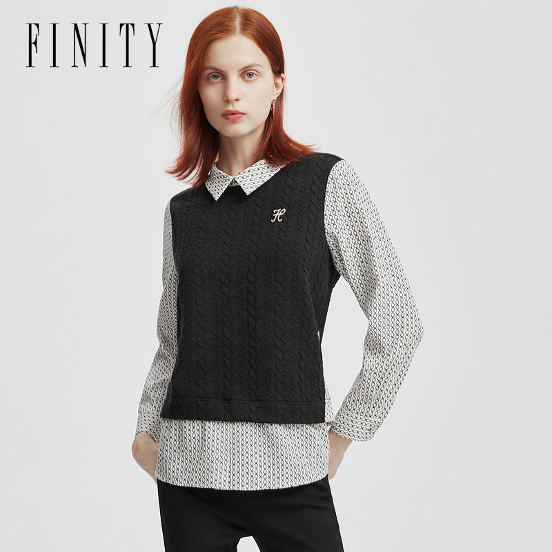 FINITY 新款套头衫针织拼接假两件通勤格纹时尚内搭 F21WCC02T5