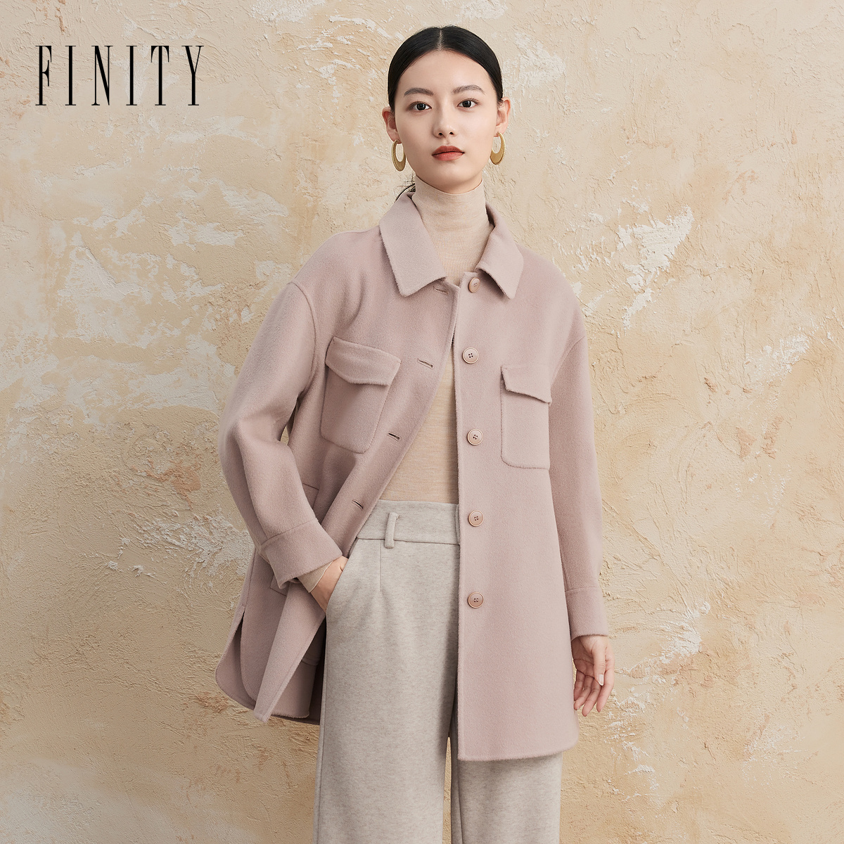 FINITY韩版休闲双面呢春秋百搭加厚冬季时尚气质粉色扣子毛呢外套