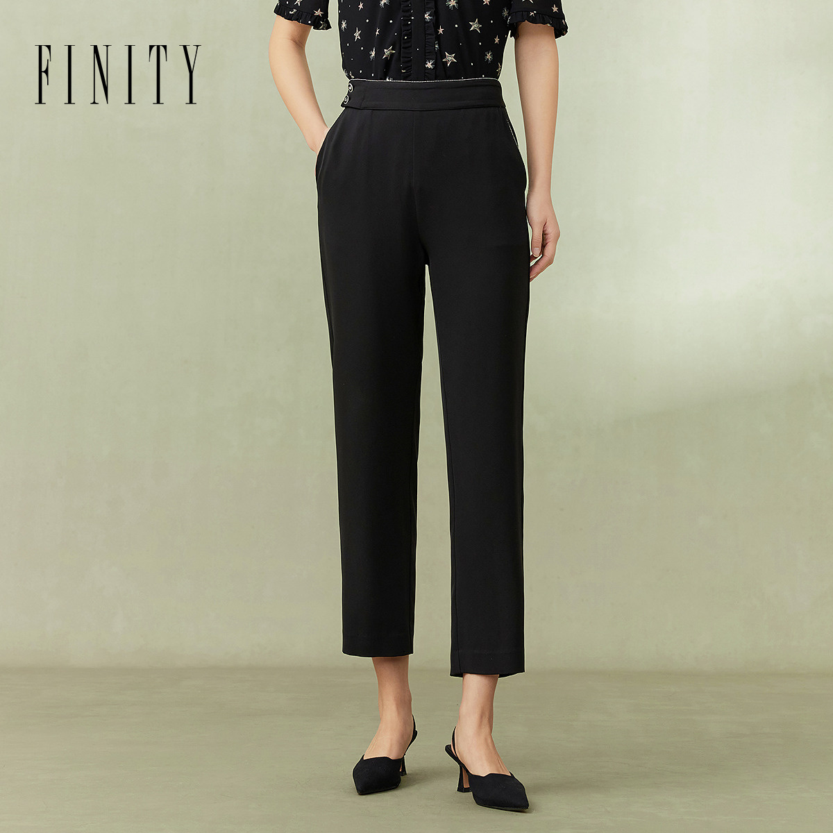 【力力淘专属】FINITY 高腰显瘦九分直筒薄款黑色休闲裤 F21X3E01K5