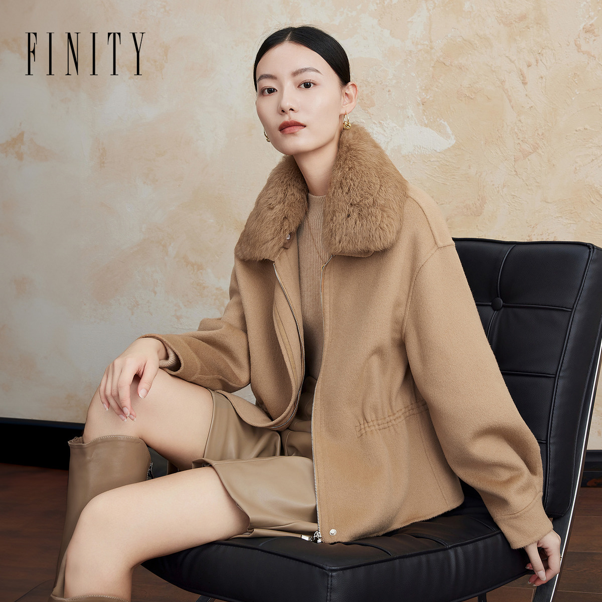 FINITY秋装新款毛呢外套女气质时尚休闲翻领冬季皮毛一体百搭女士
