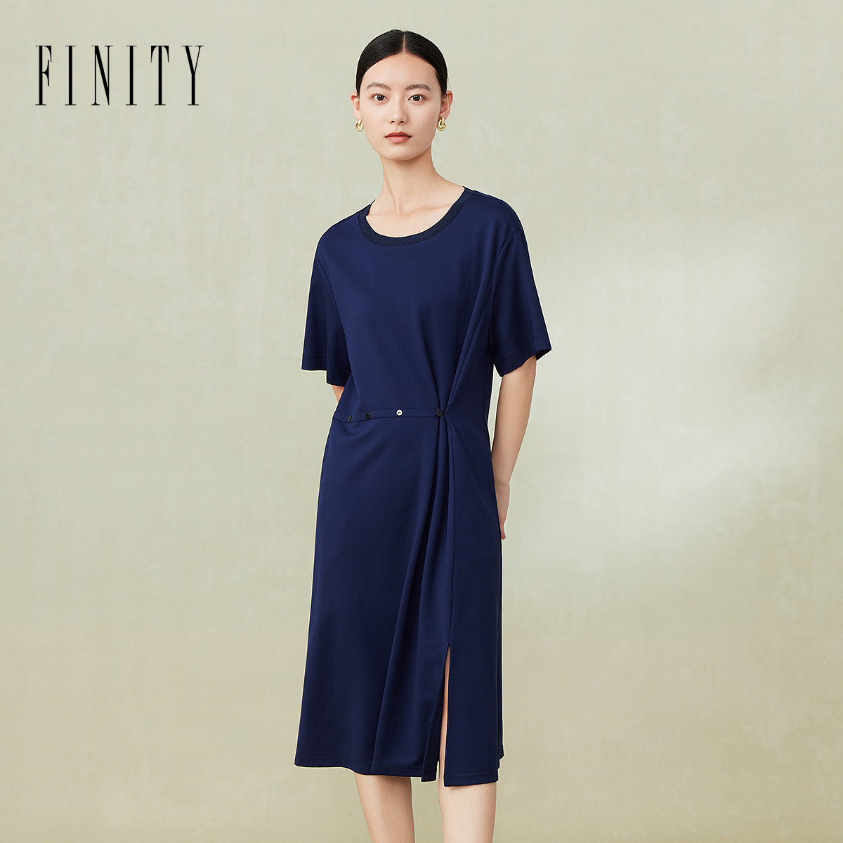 FINITY菲妮迪新款连衣裙气质宽松休闲蓝色时尚简约女装连衣裙纯色