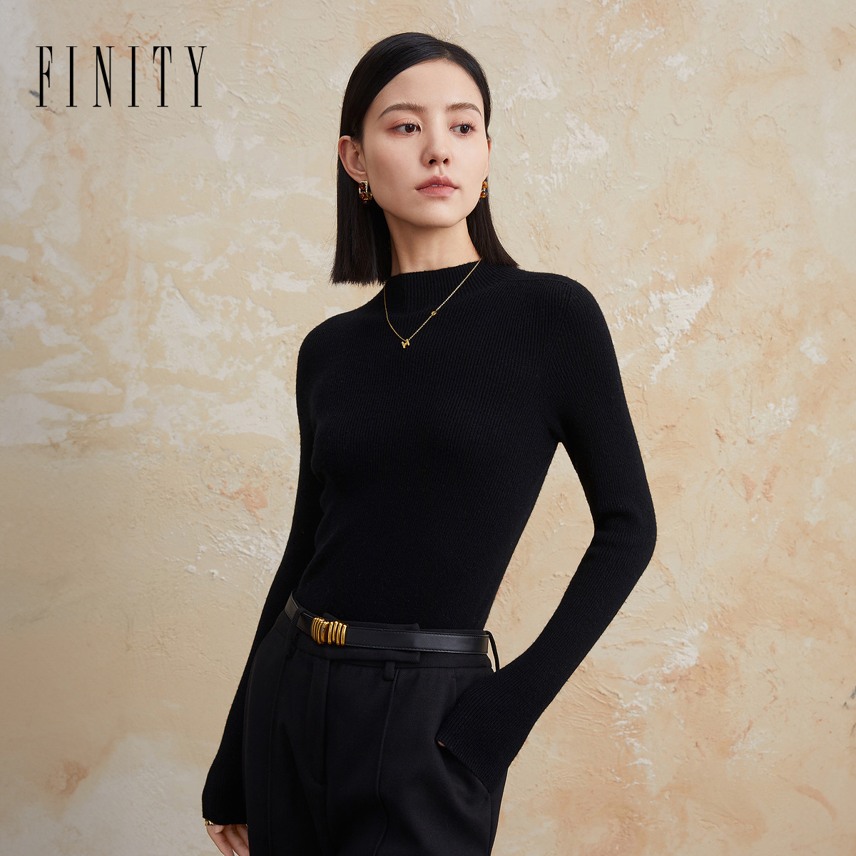 FINITY2023【两色】冬季新款时尚针织衫一字领毛衣堆堆领毛衣长袖女