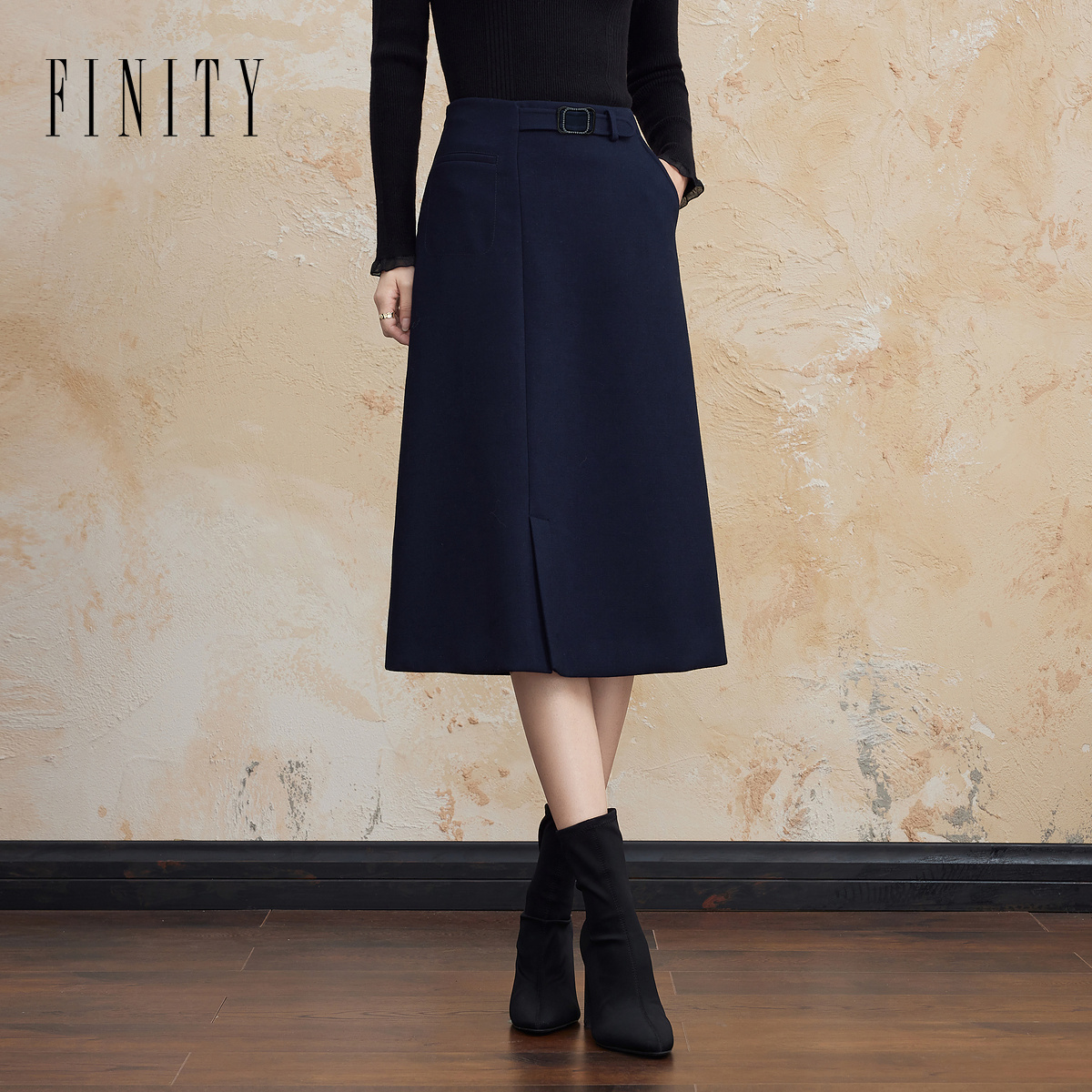 FINITY秋装新款纯色简约中长款裙子女时尚休闲毛呢高腰黑色半身裙