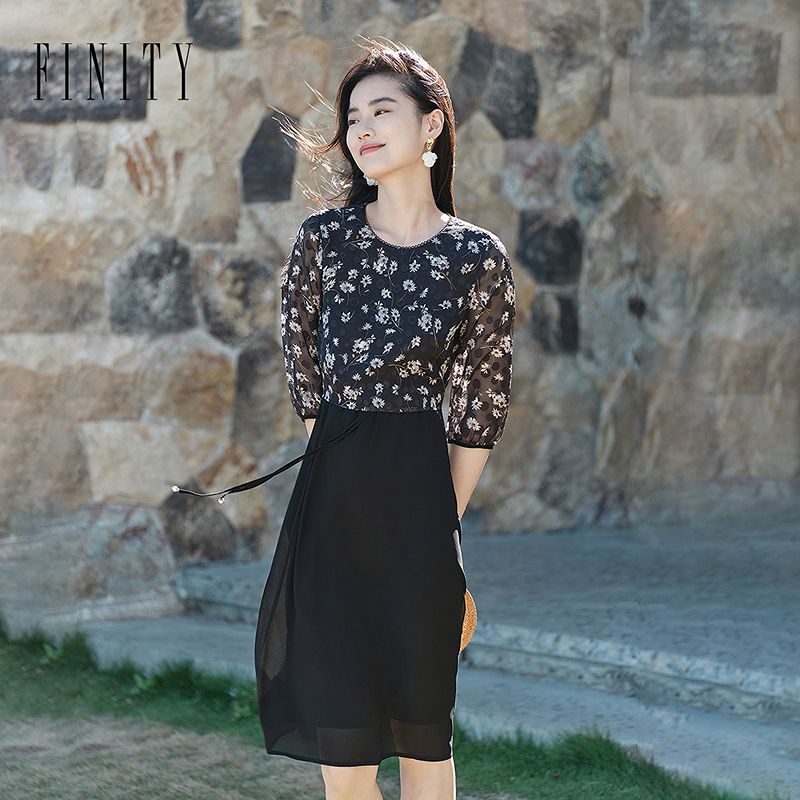 【雅姐甄选】 FINITY 新款假两件收腰优雅印花连衣裙 F21X6B05L5