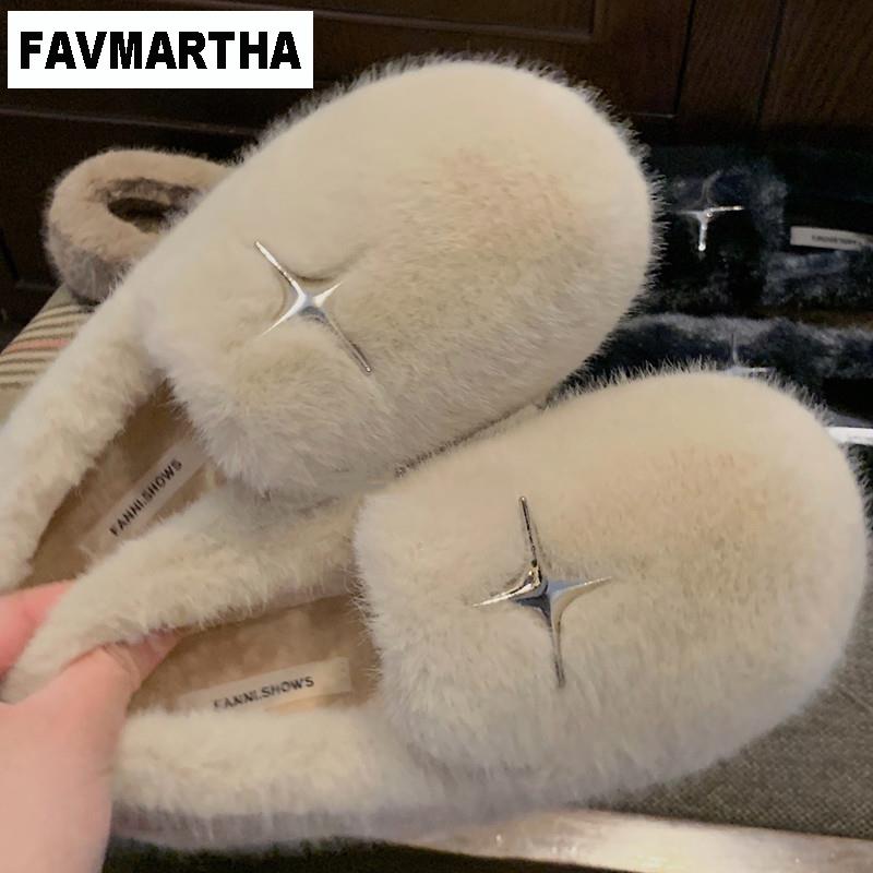 FAVMARTHA网红毛毛鞋女鞋子外穿2023新款秋冬季一脚蹬加绒保暖棉