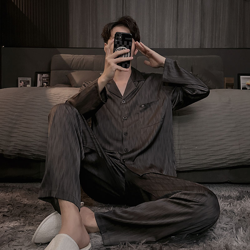 2025新款男士冰丝睡衣长袖春秋款网红仿真丝绸男款家居服夏季套装