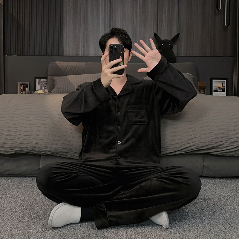 黑色海岛绒睡衣男款冬季高级感珊瑚绒加厚加绒大码家居服冬款套装