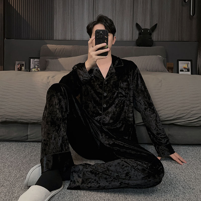 高级感黑色金钻绒睡衣男款秋冬季大码金丝绒男士家居服春秋款套装