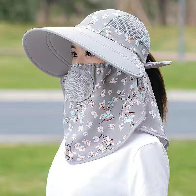 新款太阳帽女士夏季薄款透气防晒遮阳帽防晒面罩护颈一体采茶帽子