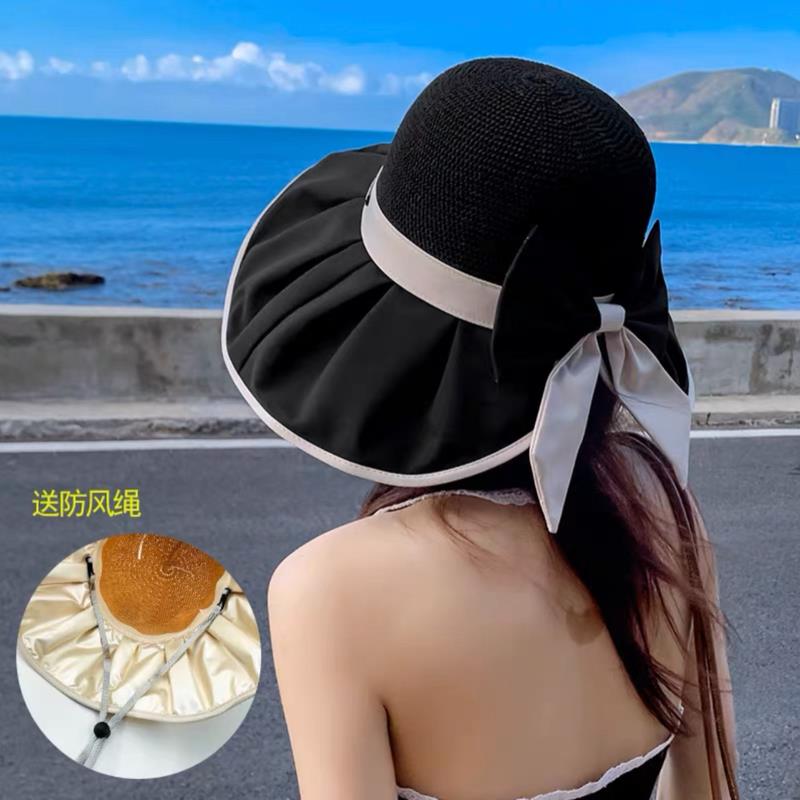 新品夏季可折叠防晒帽女遮阳帽公主风蝴蝶结百搭太阳帽防晒遮阳帽