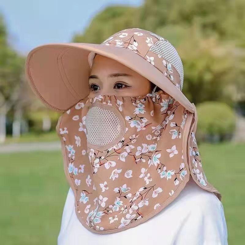 新款太阳帽女士夏季薄款透气防晒遮阳帽防晒面罩护颈一体采茶帽子