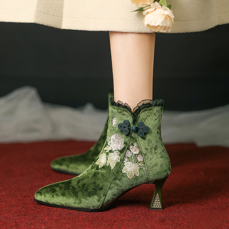LSWD国风《绿萝》粗跟短筒粗高跟绣花旗袍民族风靴子女 2112