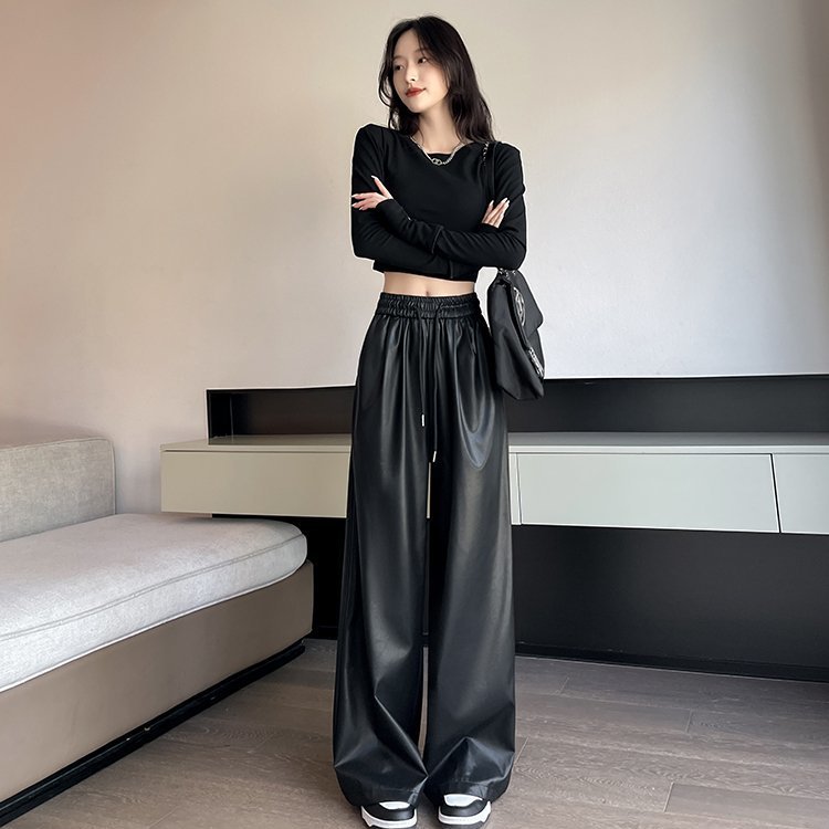 加绒加厚垂感PU皮裤女秋冬韩版网红宽松休闲裤高腰阔腿拖地长裤子