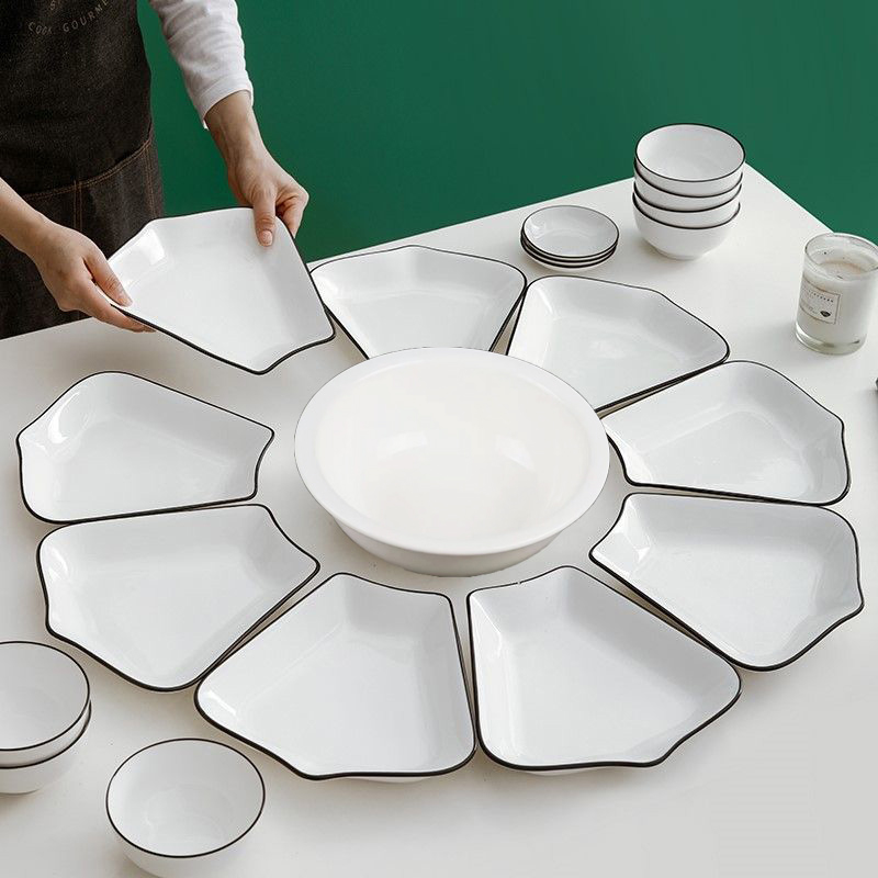 过节送礼盘子套装组合家用八盘一汤网红创意陶瓷扇形圆形聚餐盘碟