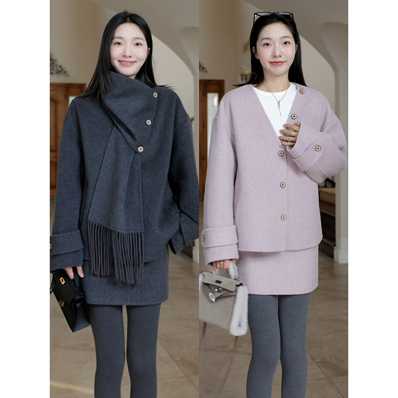 郭九九呢 羊毛围巾可拆卸双面呢大衣外套高腰a字半裙G924M15384