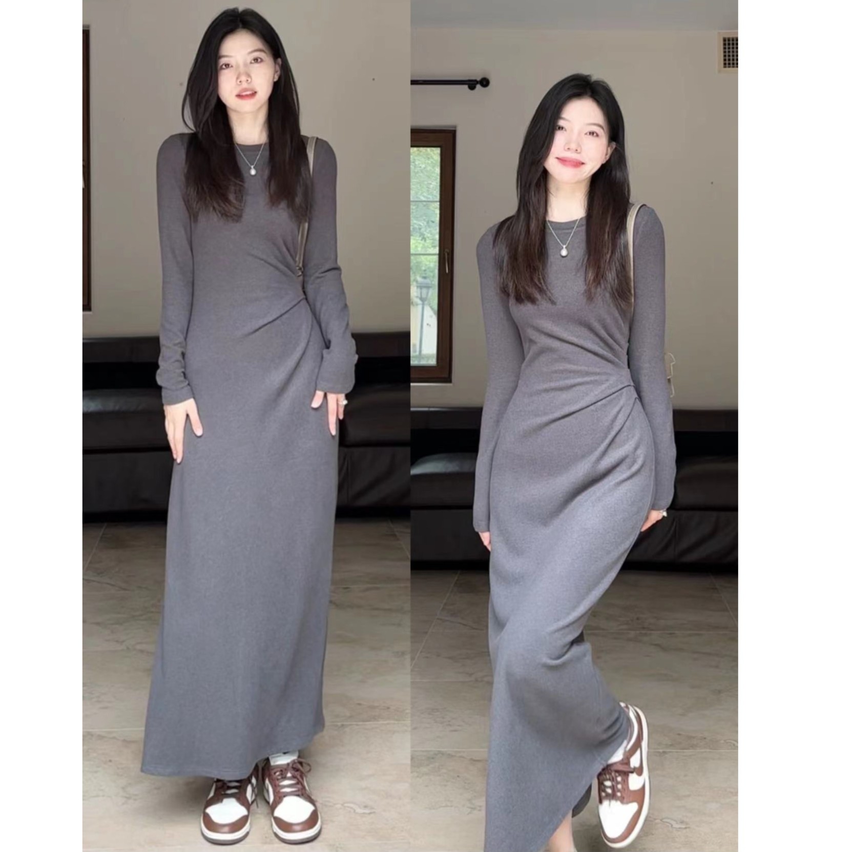 郭九九呢 甜辣风抽褶收腰双面绒感修身打底秋冬连衣裙 G923Q05526