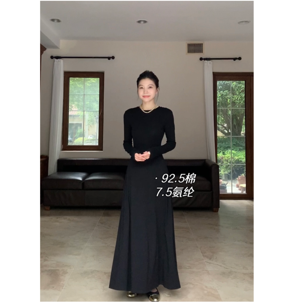 郭九九呢棉质黑色圆领长袖修身弹力显瘦名媛打底连衣裙G923Z01387
