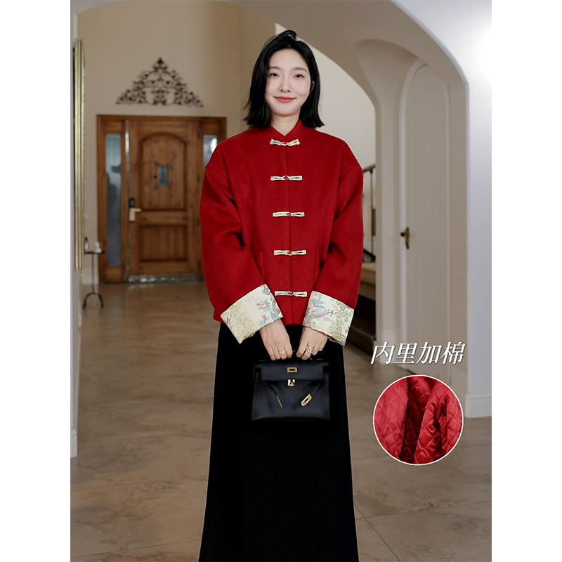 郭九九呢 羊毛新中式立领盘扣拼接棉服外套a字半身裙 G924M18134