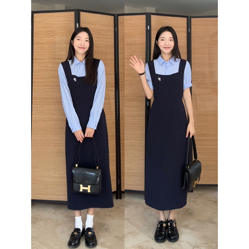 郭九九呢 学院风显瘦收腰衬衫假两件长袖西装连衣裙 G924Q02217