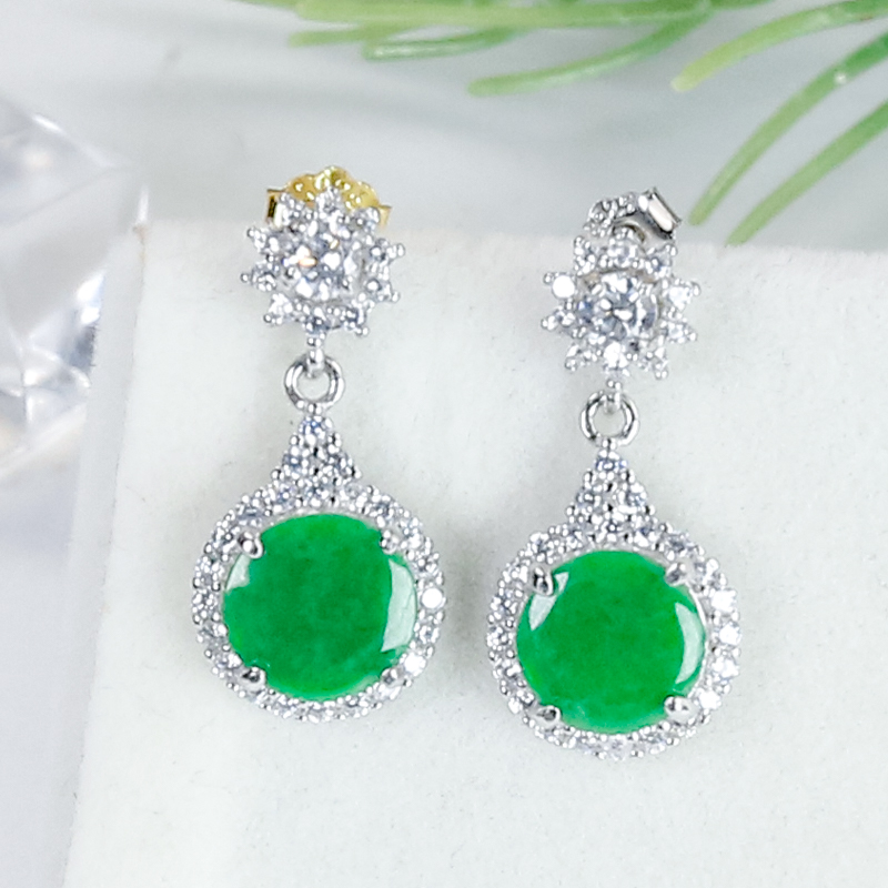 天然翡翠A货银镶嵌时尚精美百搭花瓣扣头满绿翡翠圆牌耳钉一对