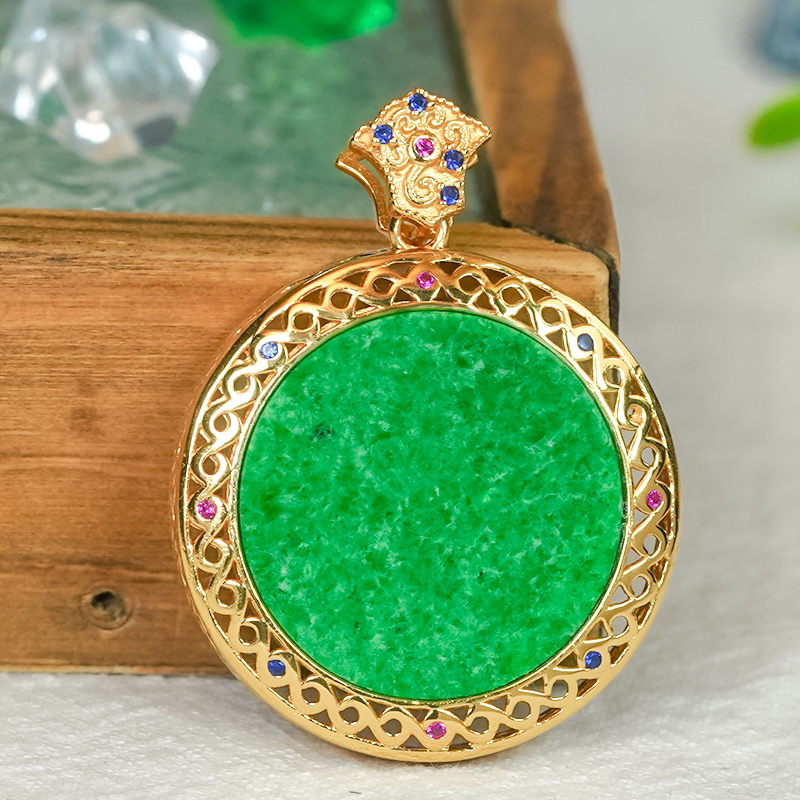 925银镶-天然翡翠A货国潮风百搭阳绿翡翠圆牌吊坠项链