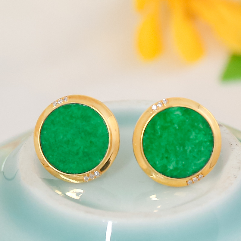 18K金镶嵌-精美百搭满阳绿翡翠A货圆牌耳钉一对