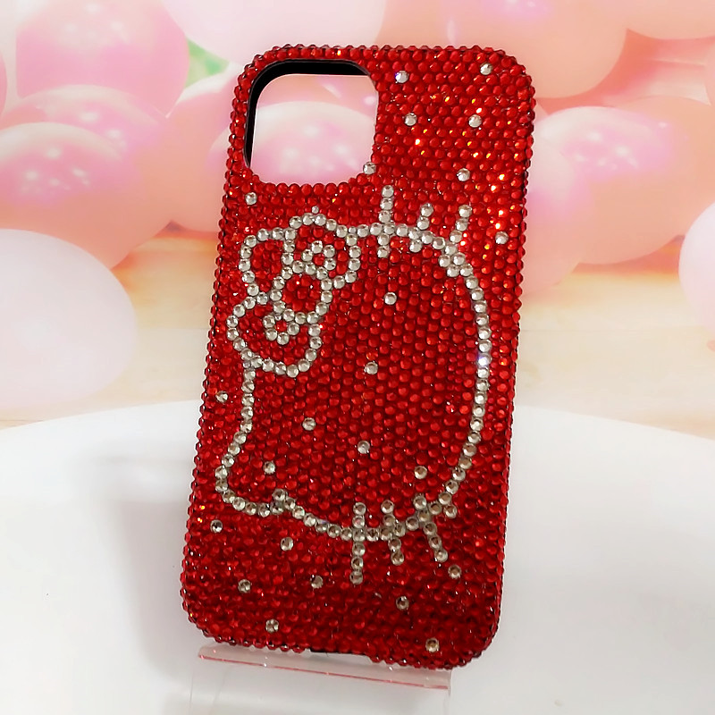 适用iphoneXs max苹果8plus 11 12 1314 15大红水钻KT猫脸手机壳