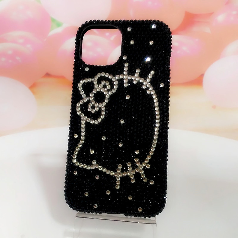 适用iphoneXs max苹果8plus 11 12 1314 15黑色水钻KT猫脸手机壳
