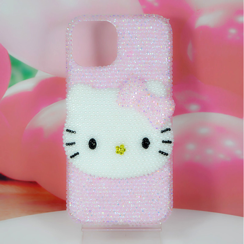 适用iPhone11 121314 15promax浅粉果冻钻大头KT猫苹果手机壳水钻