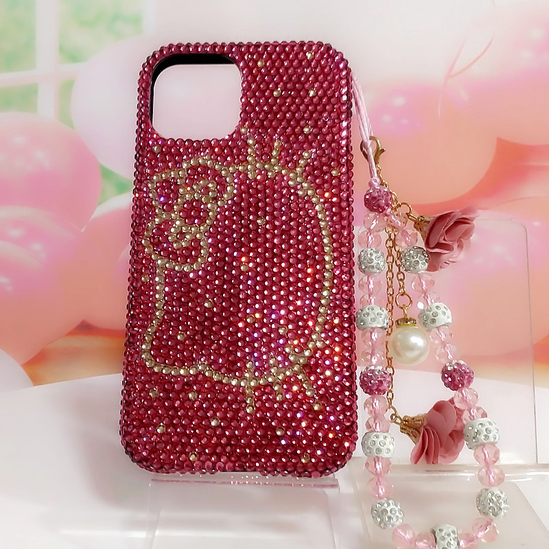 适用iphoneXs max苹果8plus 11 12 1314 15玫红水钻KT猫脸手机壳