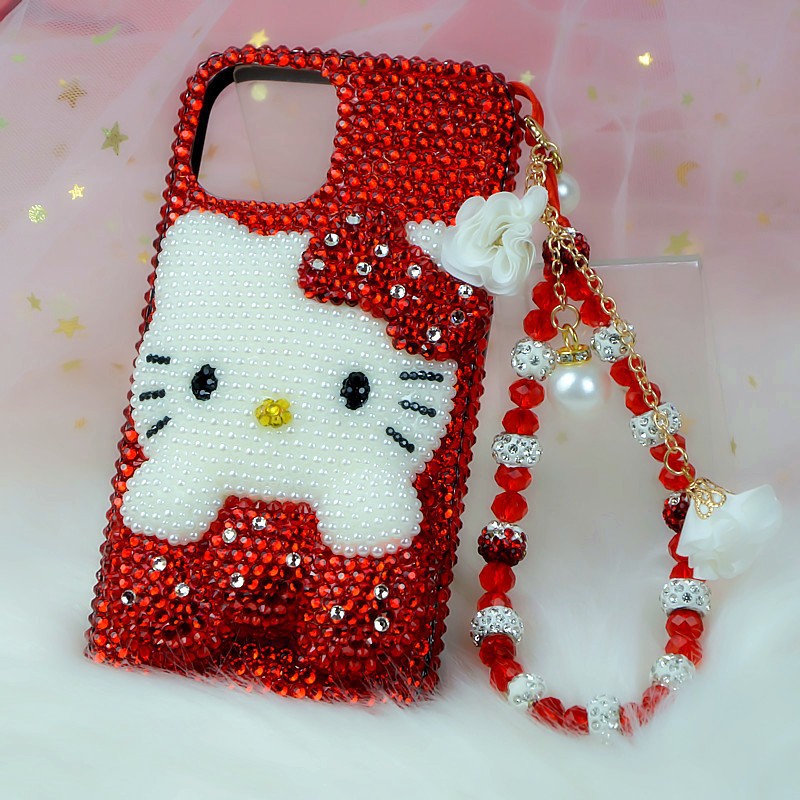 适用iPhone11 12 1314pro Max苹果8plus红色水钻趴趴猫手机壳全包
