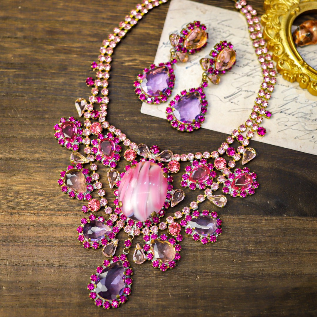 合金项链 捷克斯洛伐克 切割水晶 琉璃耳夹 项链