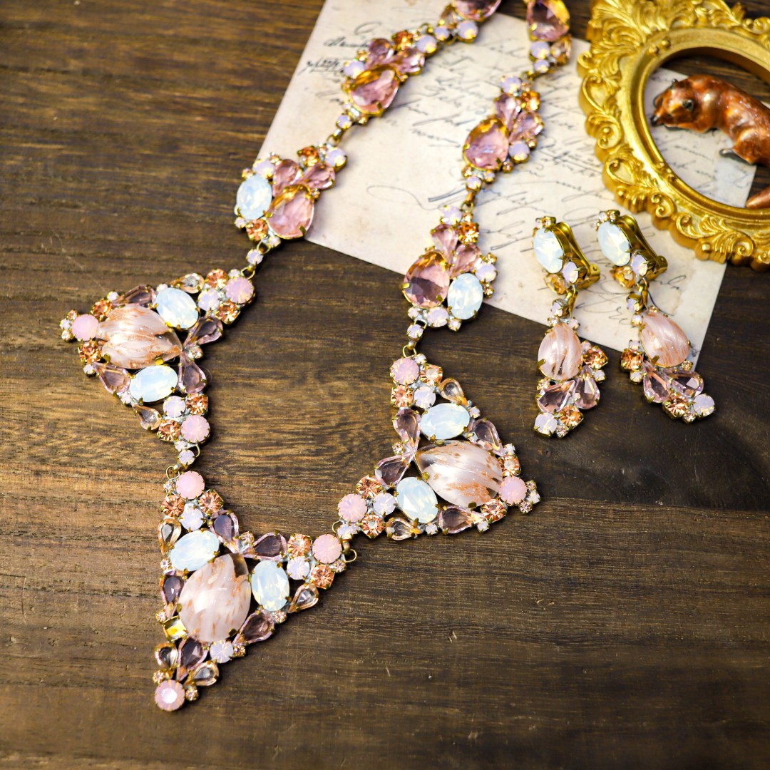 合金项链 捷克斯洛伐克 切割水晶 琉璃耳夹 项链