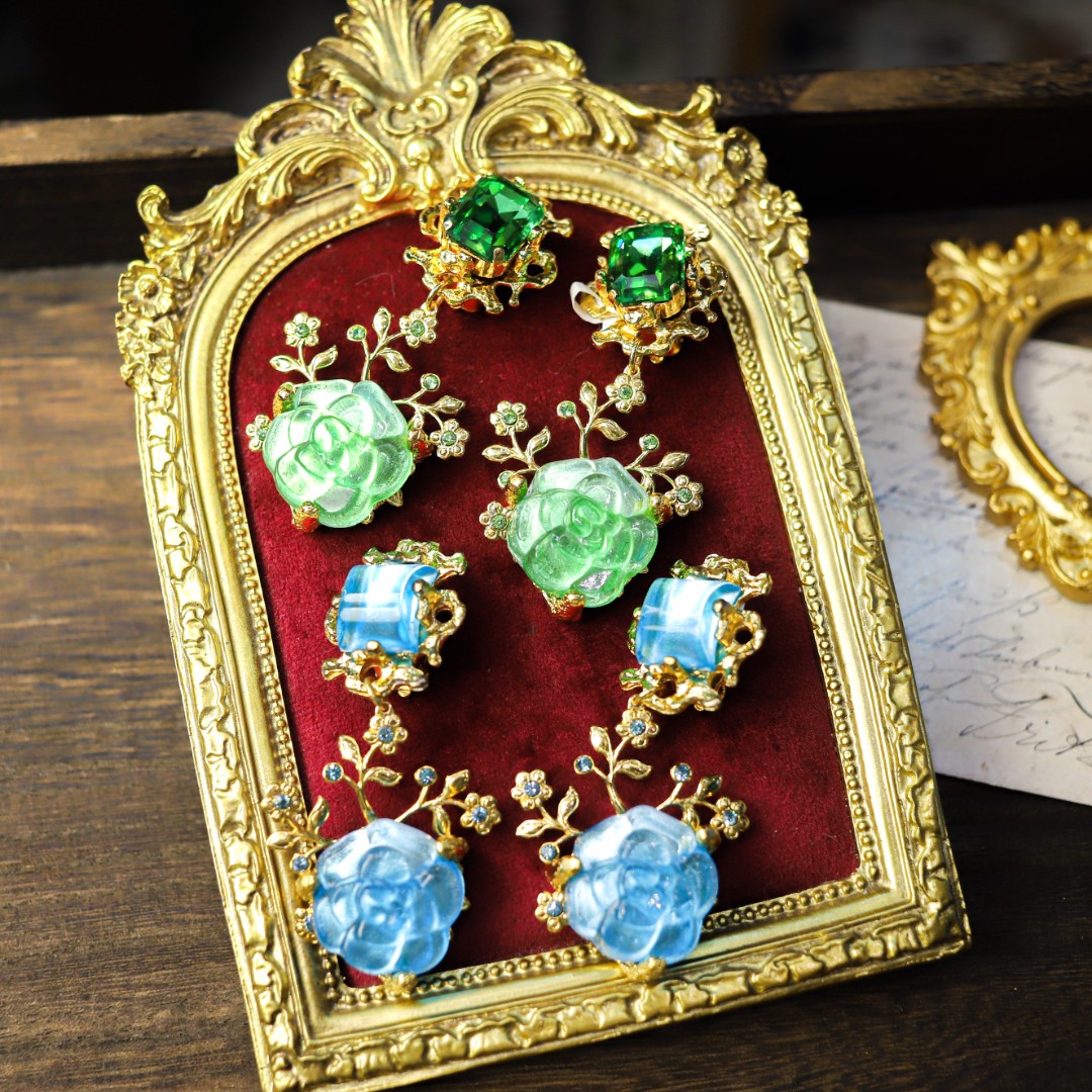 铜合金耳饰 法产 中古耳夹中古耳夹 山茶花琉璃耳夹