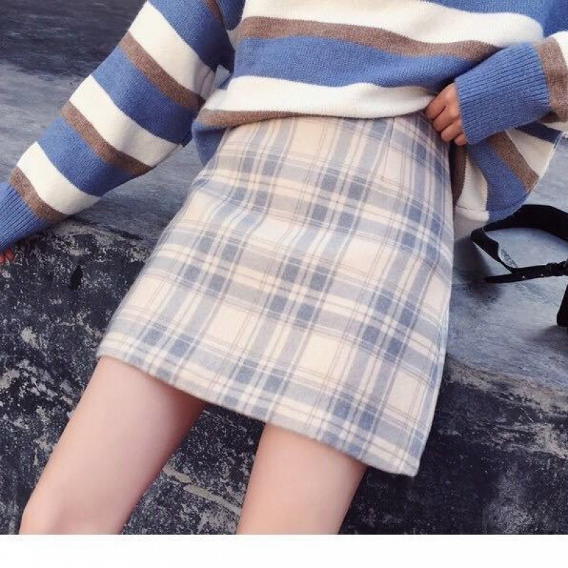 2022秋冬新款韩版甜美清新毛呢短裙显瘦格子高腰A字裙短裙半身裙