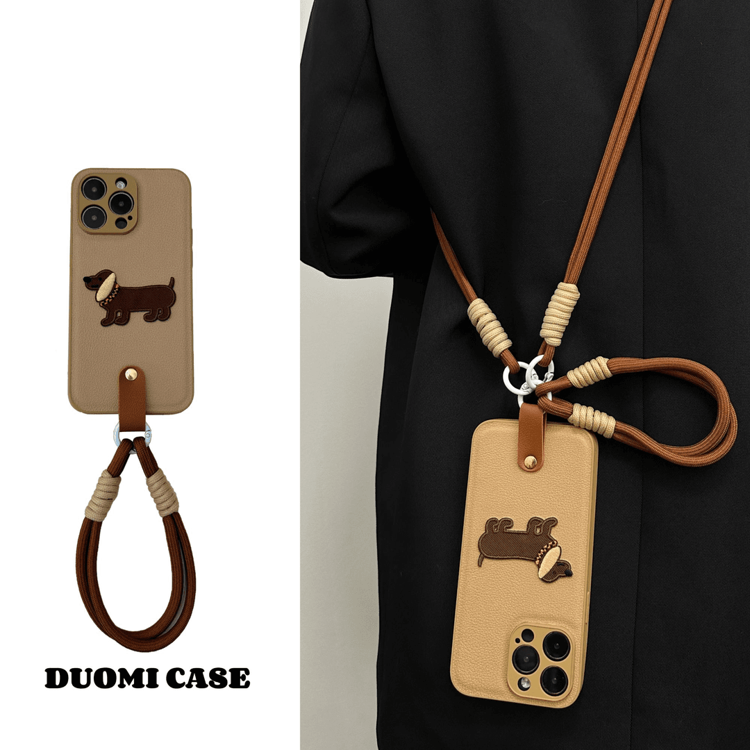 【皮质小狗】卡通腊肠狗皮质斜挎可爱创意苹果手机壳适用iPhone15