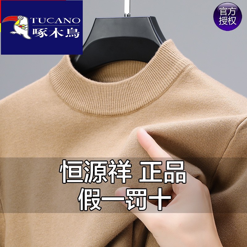 2023冬季新款啄木鸟羊毛衫男100纯羊毛纯色半高领针织打底毛衣男