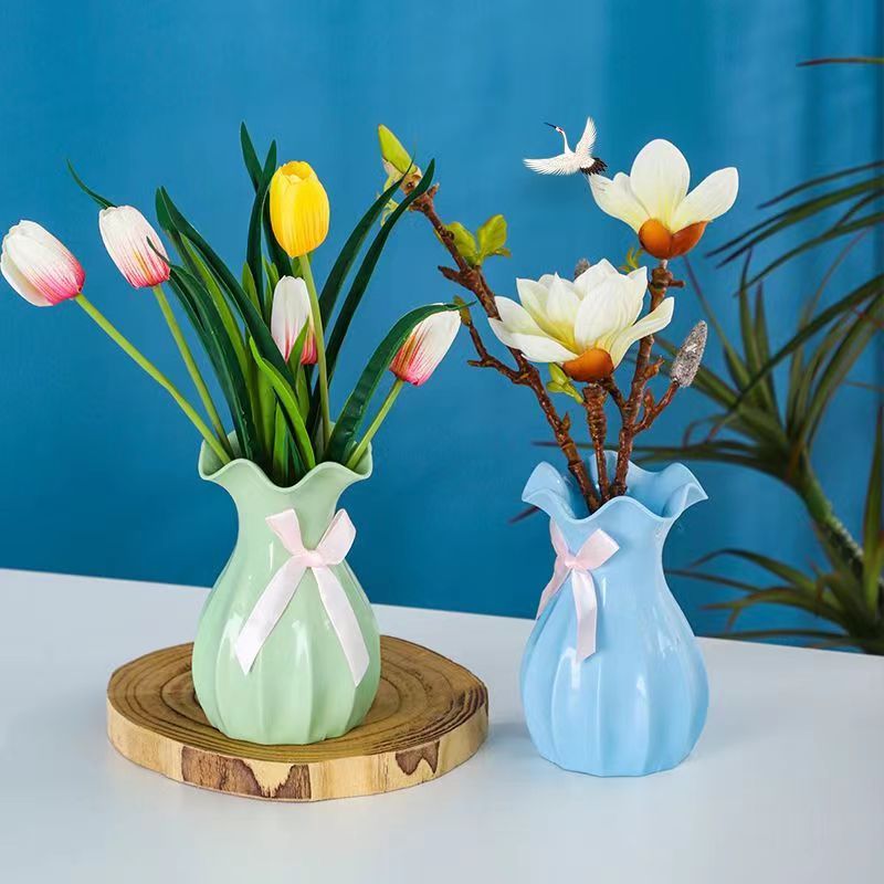花瓶塑料花瓶仿陶瓷可储水北欧风客厅电视柜摆件鲜花干花仿真花